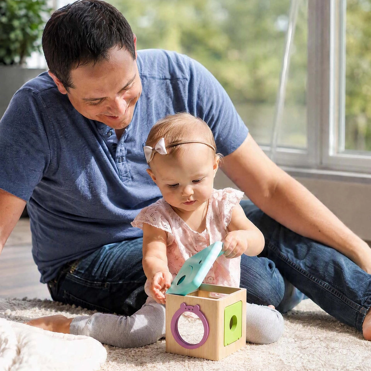 Cube d'activité bébé qui crée de précieux moments de bonheur entre papa et sa fille